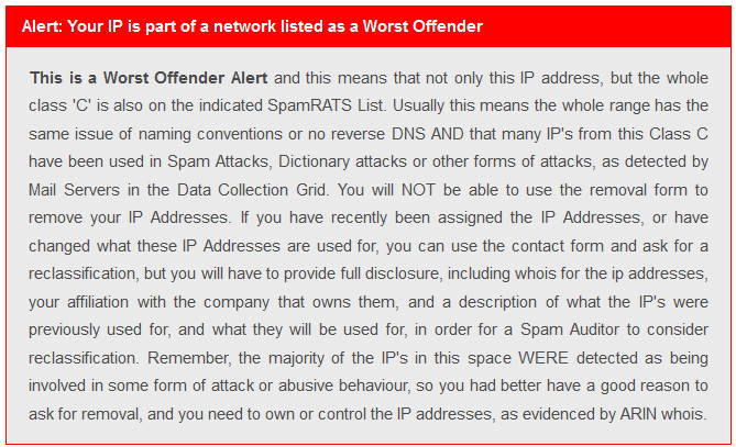 Alert: Your IP is part of a network listed as a Worst Offender